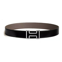 HERMES Calfskin Palladium-Plated Leather Belts Men's Black/Brown Width: 3.8CM