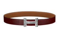 HERMES Letter Etched Silver Buckle Togo Calfskin Double-Sided Leather Belt Men's Red Width: 3.2cm