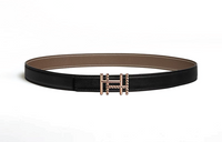 HERMES Front Double H Logo Smooth Buckle Leather Belts Women's Black Brown Width: 2.4cm