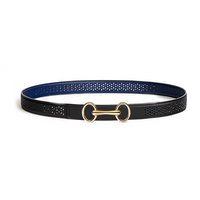 HERMES Calfskin Metal Palladium-Plated Leather Belts Women's Black/Blue Width 2.4CM