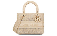 DIOR Lady D-Lite Embroidery Shoulder Bag Crossbody Bag Handbag Medium Size Women's Light Brown
