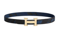 HERMES Gold Buckle Nylon Mesh Double-Sided Belt Men's Blue/Black Width: 3.2cm