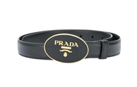 PRADA Logo Buckle Ring Leather Belts Women's Black Width: 2.5CM