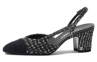 CHANEL Chunky Heel High Heels 6.5cm Women's Black Silver Blue