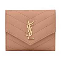 SAINT LAURENT CASSANDRE Calfskin Card Holder Wallet Women's Vintage Peach