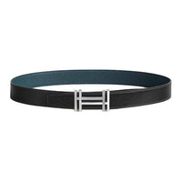 HERMES Palladium-Plated Leather Belts Men's Black/Prussian Blue Width: 3.2CM