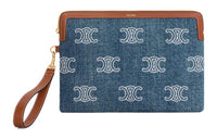CELINE Triomphe Calfskin Denim Clutch Small Size Women's Marine Blue/Tan