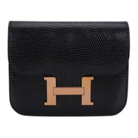 HERMES Constance Slim Lizard Skin Wallets Card Holders Fanny Pack Regular Women's Noir Black