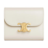 CELINE Triomphe Shiny Calfskin Wallet Small Size Women's White Cotton