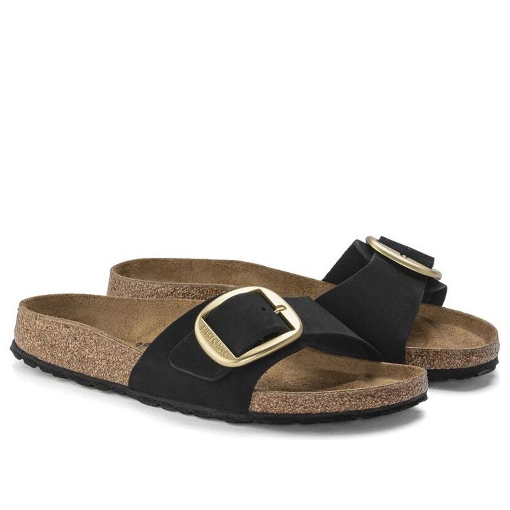 (WMNS) Birkenstock Madrid Big Buckle Nubuck Leather Narrow Fit Sandals 'Black' 1023373