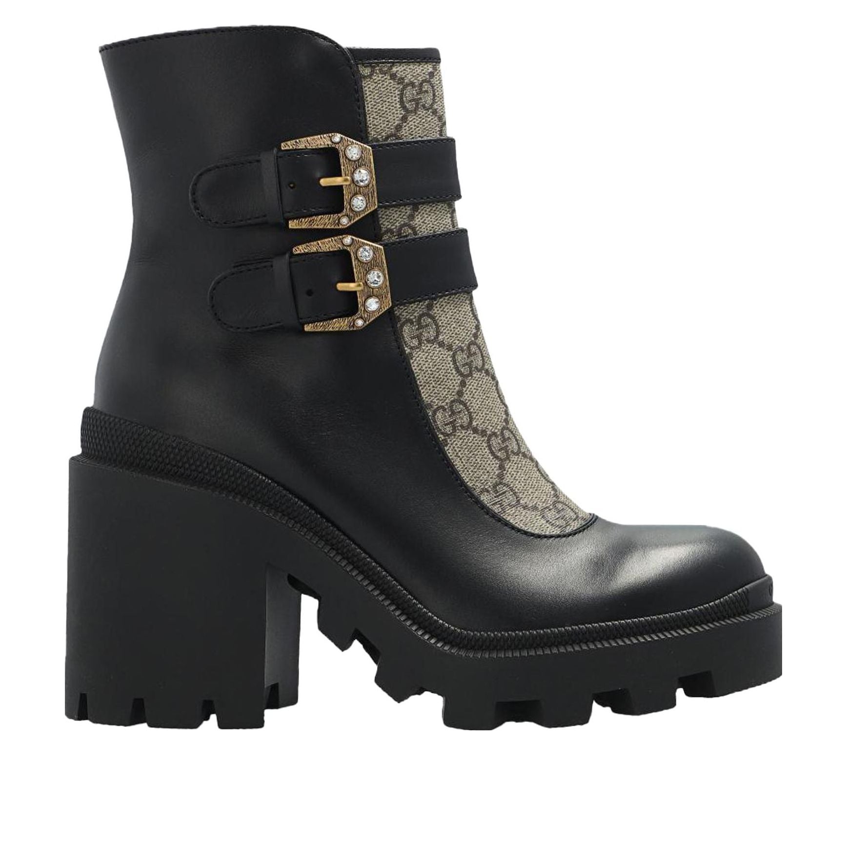 (WMNS) Gucci Buckles Ankle Boots 'Black Beige' 701100-UVV20-1182