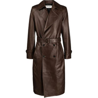 SAINT LAURENT Double-Breasted Leather Trench Coat Coats Men's Brown