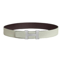 HERMES Brushed Palladium Leather Belts Unisex Gray Snow/Dark Brown Width: 3.8cm