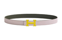 HERMES Comfortable Gold Buckle Epsom Calfskin Double-Sided Leather Belt Women's Light Purple/Gray Green Width: 2.4cm