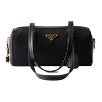 PRADA Recycled Nylon With Patchwork Leather One Shoulder Handbags Medium Size Women's Black