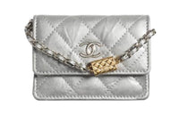 CHANEL Leather Card Holder Coin Purse Shoulder Bag Women's Silver
