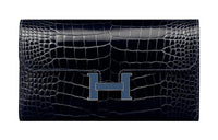 HERMES Constance Long Wallet Polished Crocodile Leather Wallet Women's Navy Blue/general Blue