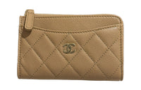 CHANEL Grained Cow Leather Card Holder Women's Beige