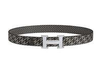 HERMES H Stripes Silver Buckle Nylon Belt Men's Black/Graphite Width 3.2cm