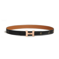 HERMES Rose Gold-Plated Metal Calfskin Leather Belts Women's Black/Brown Width 2.4CM