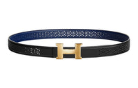 HERMES Cut-Out Pattern Elegant Gold Buckle Epsom Calfskin Double-Sided Leather Belt Women's Black/Blue Width: 2.4cm