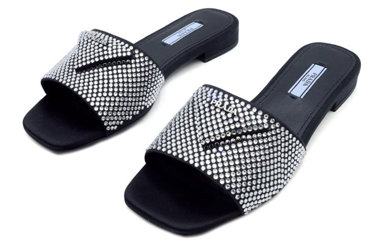 PRADA 10mm Crystal Slides Black Satin