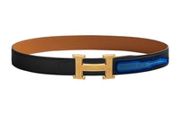 HERMES Gold Buckle Epsom Calfskin Double-Sided Leather Belt Women's Black Width: 3.2cm