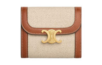 CELINE Triomphe Fabric Cow Leather Patchwork Card Holder Wallet Small Size Women's Natural/Tan