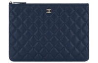 CHANEL Litchi Grain Embossed Calfskin Clutch Medium Size Women's Dark Blue