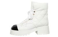 CHANEL Quilted Lace Up 50mm Combat Boots White Crumpled Patent Lambskin Women's