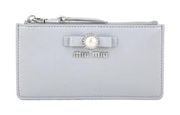 MIU MIU Faux Pearl Decoration Leather Card Holder Wallet Women's Light Blue