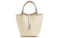 HERMES Picotin Lock Clemence Bullock Leather Combo Ostrich Leather Controller Basket Bag Handbag 18 Women's Cream White