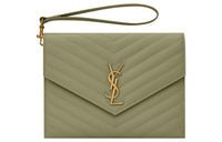 SAINT LAURENT CASSANDRE Cow Leather Clutch Women's Light Gray Green