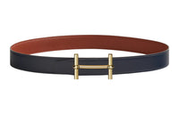 HERMES Elegant Comfortable Gold Buckle Togo Calfskin Double-Sided Leather Belt Women's Blue Width: 3.2cm