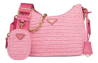 PRADA Re-Edition Raffia Raffia Fiber Hobo Bag Shoulder Bag Combination Handbag Women's Petal Pink