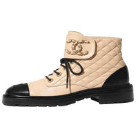 CHANEL Quilted Lace Up Combat Boot Beige Leather
