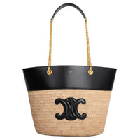 CELINE Plant Material Cow Leather Patchwork Bucket Bag Handbag Shoulder Bag Women's Natural & Black