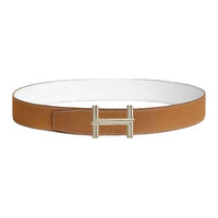 HERMES Metal Calfskin Brass Leather Belts Men's Brown/White Width: 3.8CM