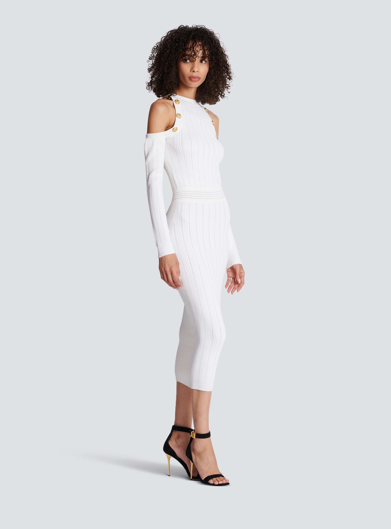 Balmain Women's Ls Off Shoulder Knit Midi Dress