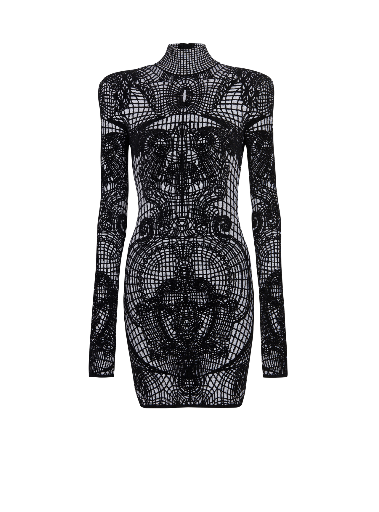 Balmain Women's Ls High Neck Graphic Velvet Short Dress