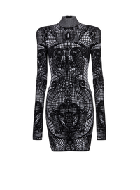 Balmain Women's Ls High Neck Graphic Velvet Short Dress