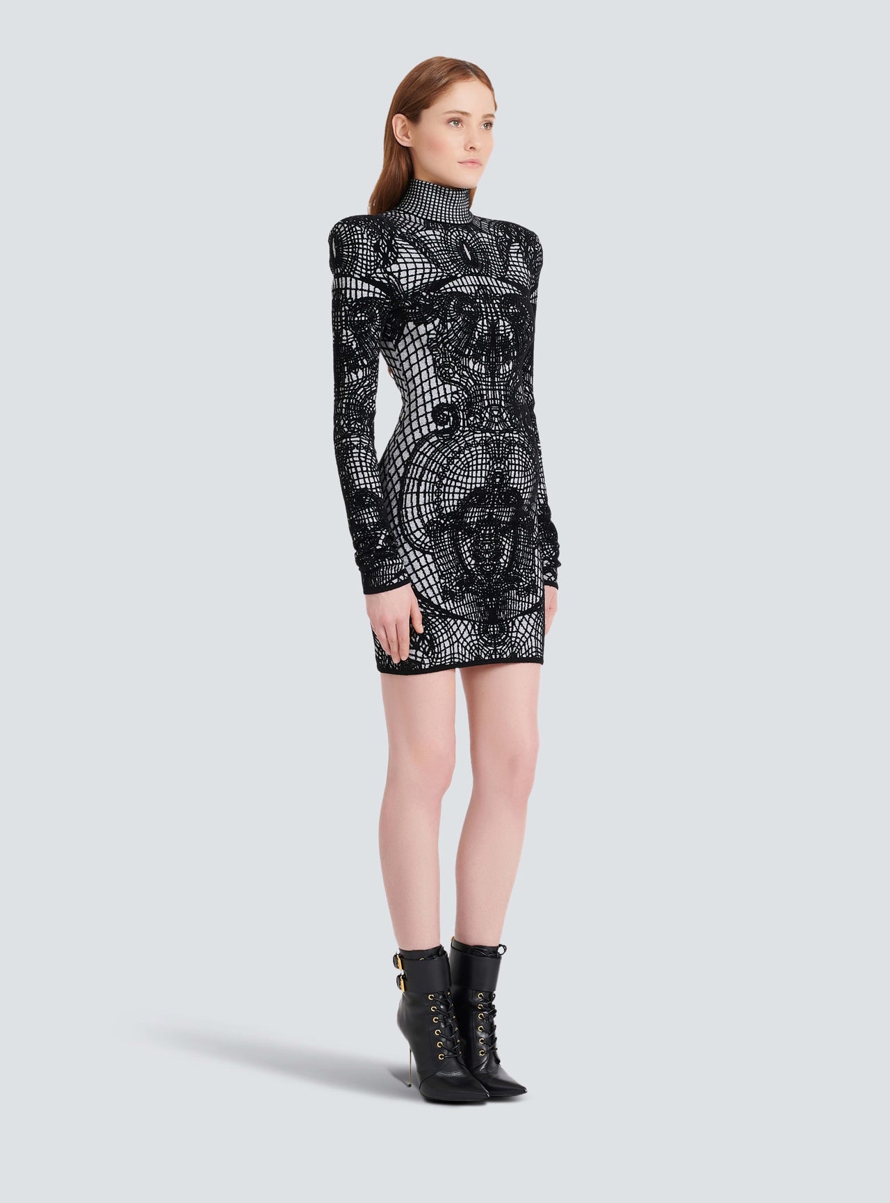 Balmain Women's Ls High Neck Graphic Velvet Short Dress
