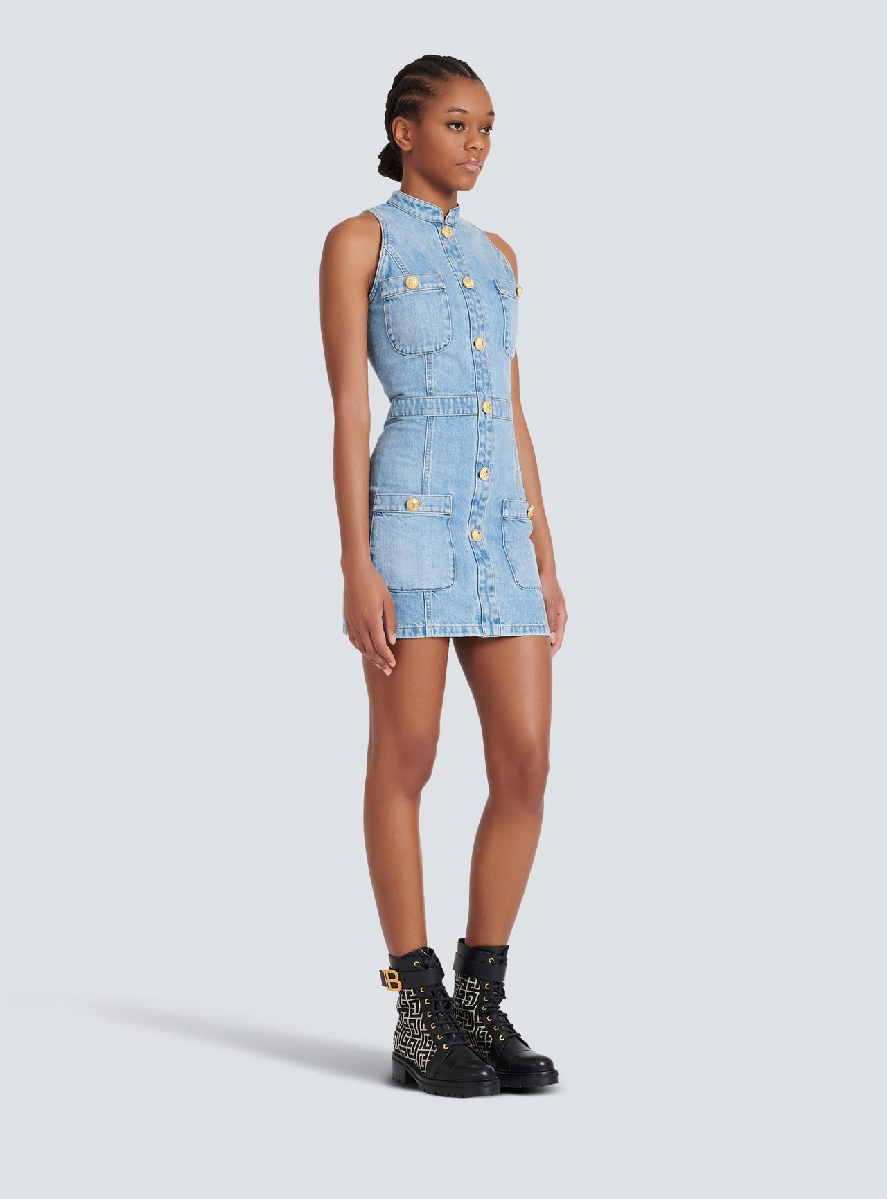 Balmain Women's Sleevelesss 4Pkts Blue Denim Short Dress