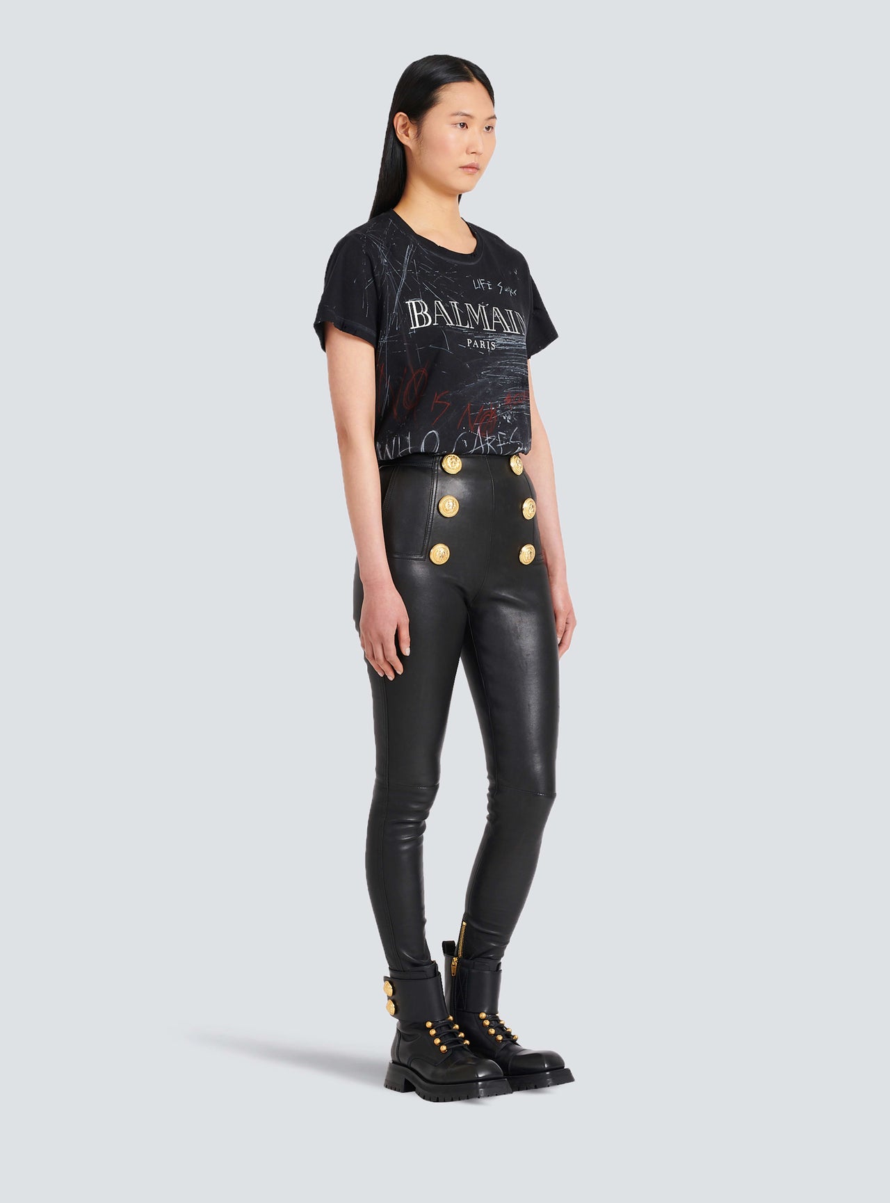 Balmain Women's Hw 6 Btn Leather Skinny Pants