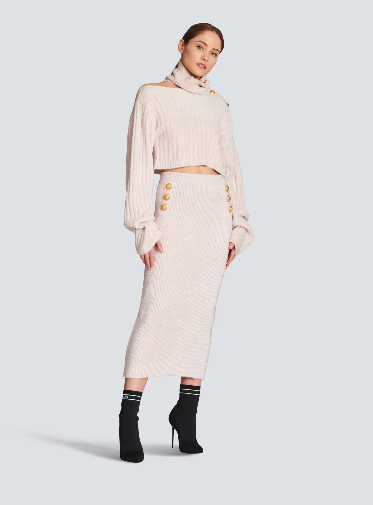 Balmain Women's Hw 6 Btn Ribbed Velvet Midi Skirt