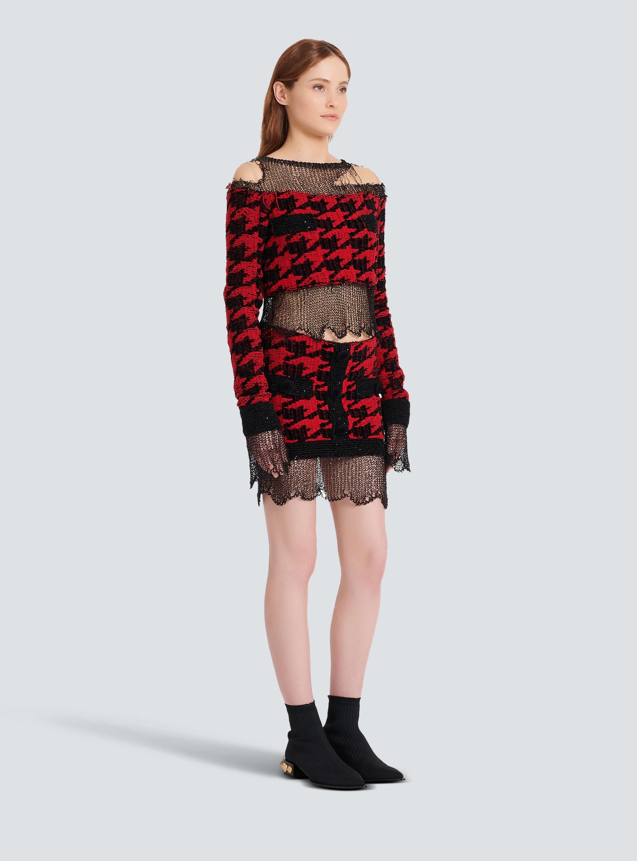 Balmain Women's Houndstooth Destroy Knit Mini Skirt