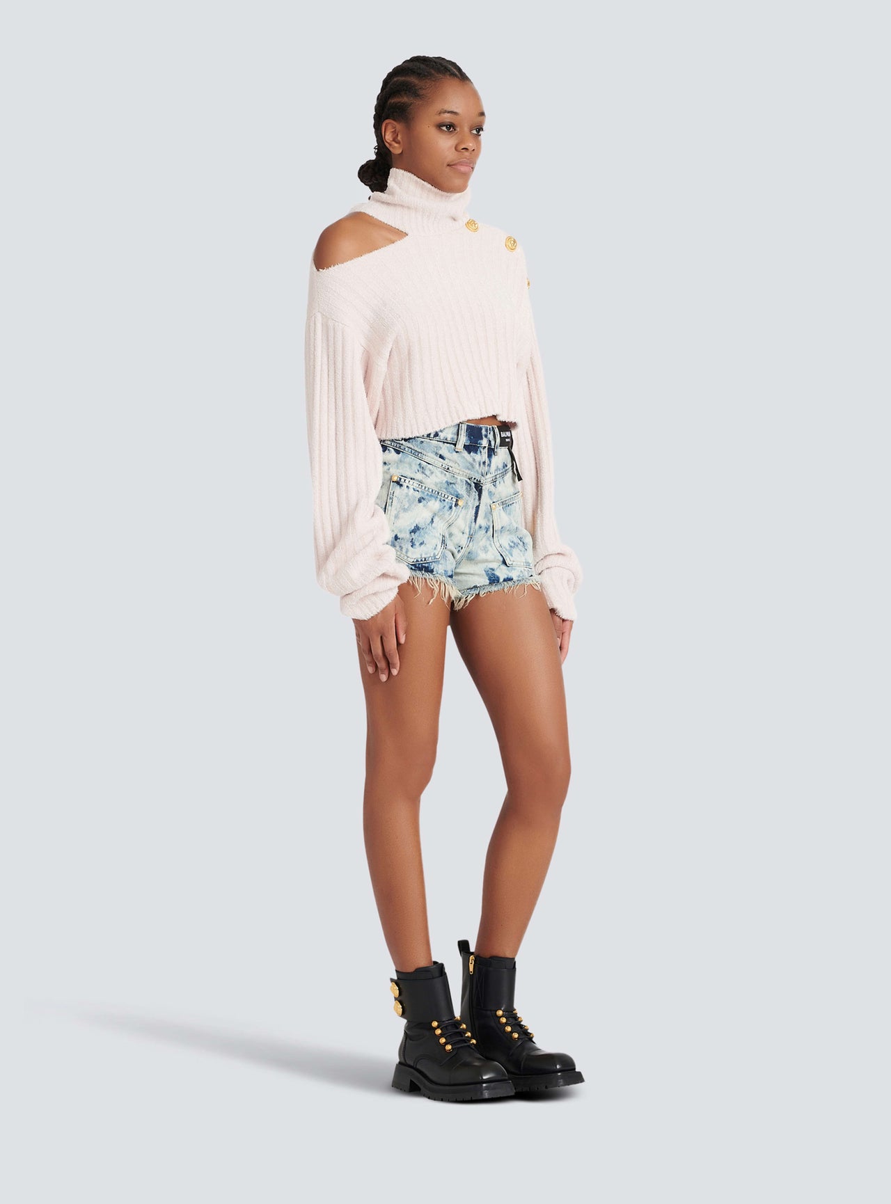 Balmain Women's High Collar Ribbed Velvet Crop Pullover