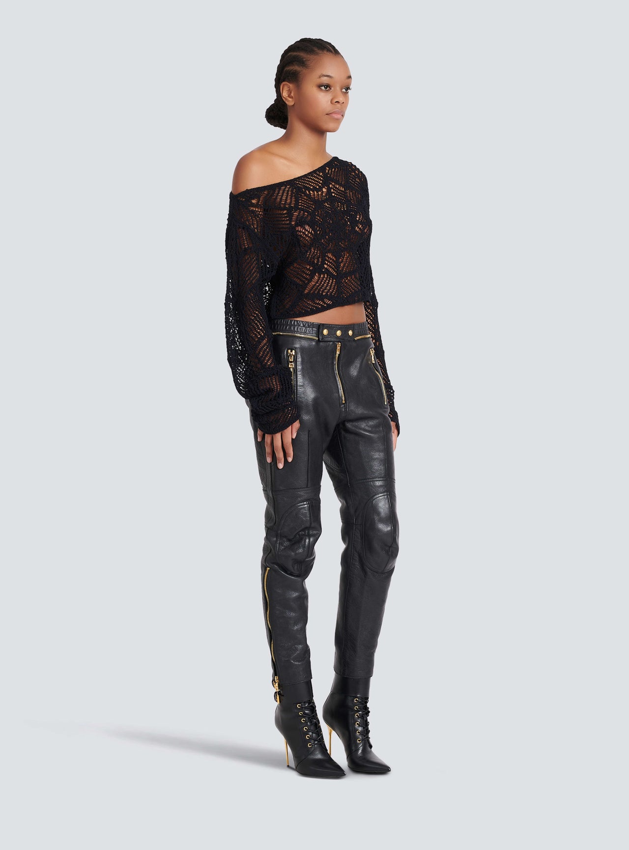 Balmain Women's Ls Off Shoulder Cropped Crochet Knit Top