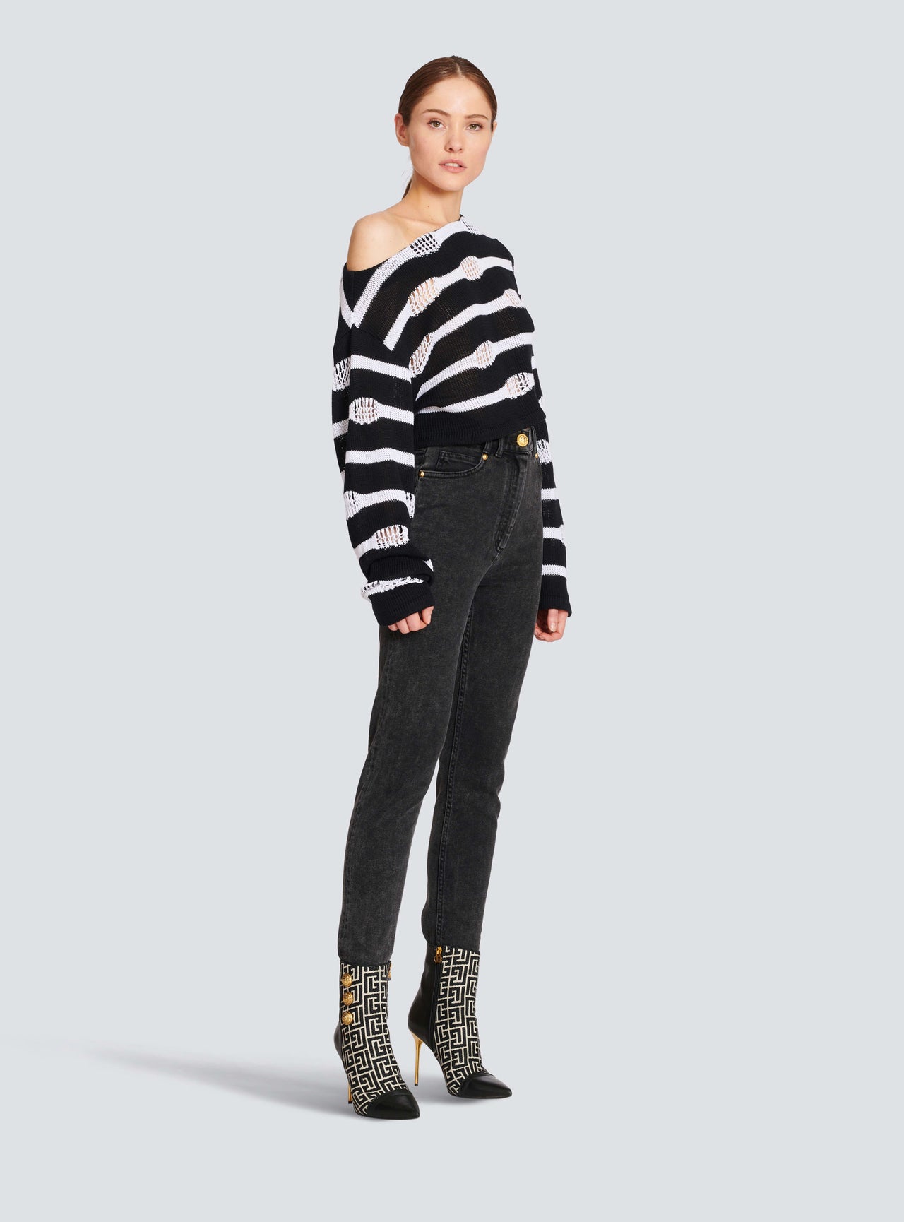 Balmain Women's Off-Shoulder Destroy Striped Crop Top