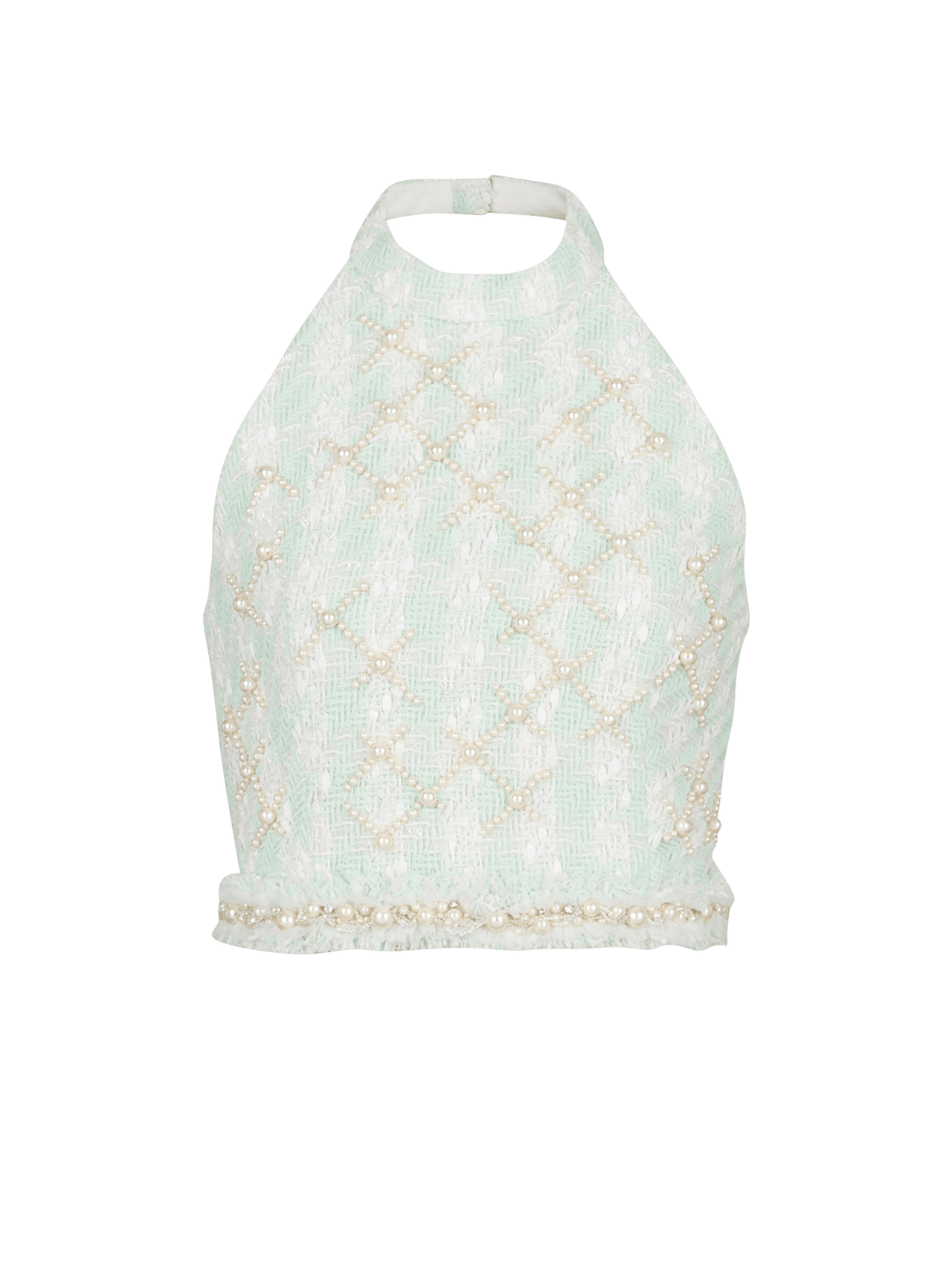 Balmain Women's Halterneck Embroidered Tweed Crop Top